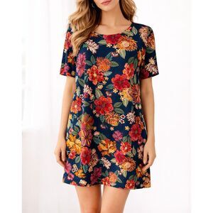 Loft T shirt Dress Mini Floral Pullover Short Sleeve Navy Red Multicolor NEW 16